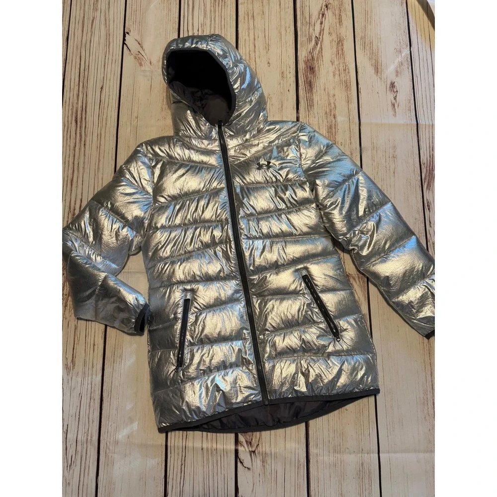 Under Armour ColdGear Girls Metallic Silver Puffer Jacket Hooded Parka YXL 18-20